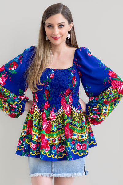 Danuta Smocked Blue Slavic Top
