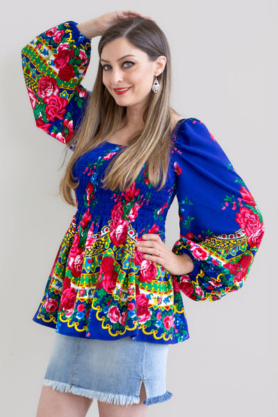 Danuta Smocked Blue Slavic Top