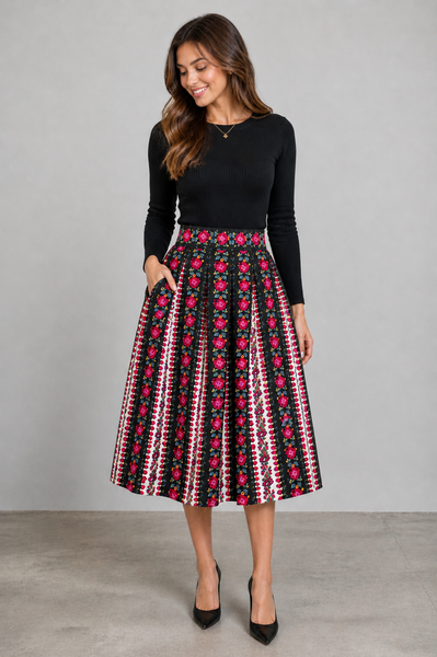 Dorota Black Pleated Folk Skirt