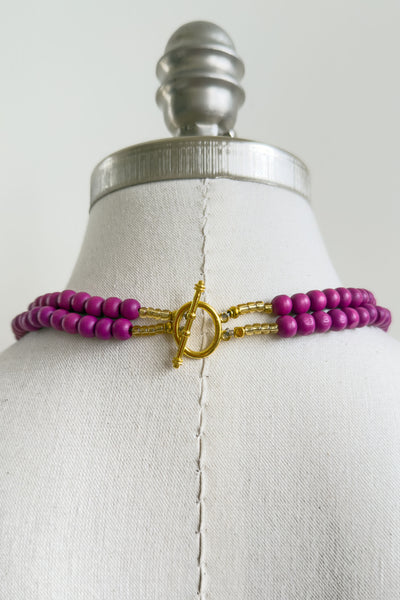 Purple 2 tiered wooden folk necklace