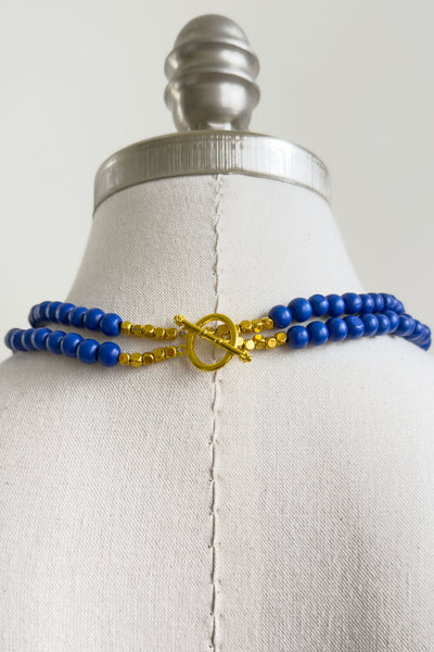 Blue 2 tiered wooden folk necklace