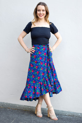Martyna Blue Wrap Folk Skirt