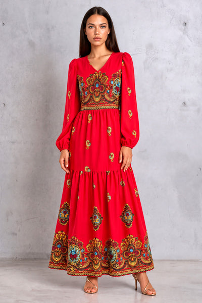 Karina Red Slavic Maxi Dress