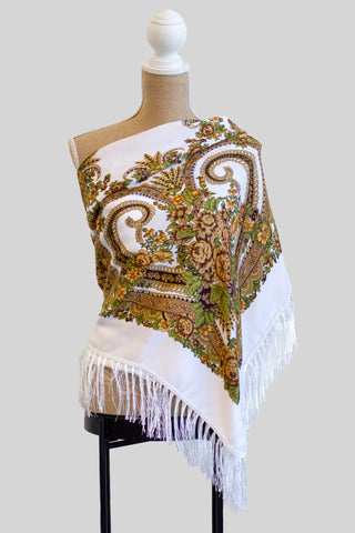 White & Yellow Square Slavic Folk Scarf