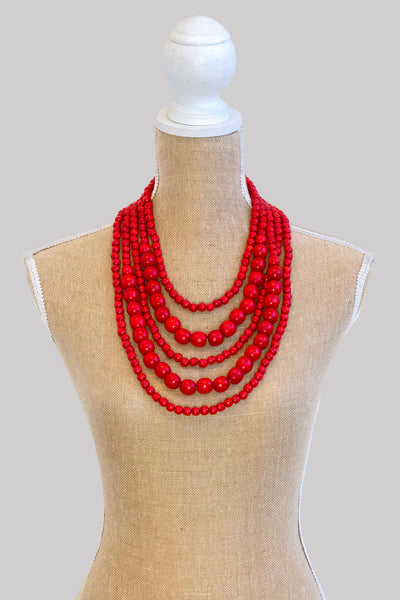Red 5 tiered wooden folk necklace
