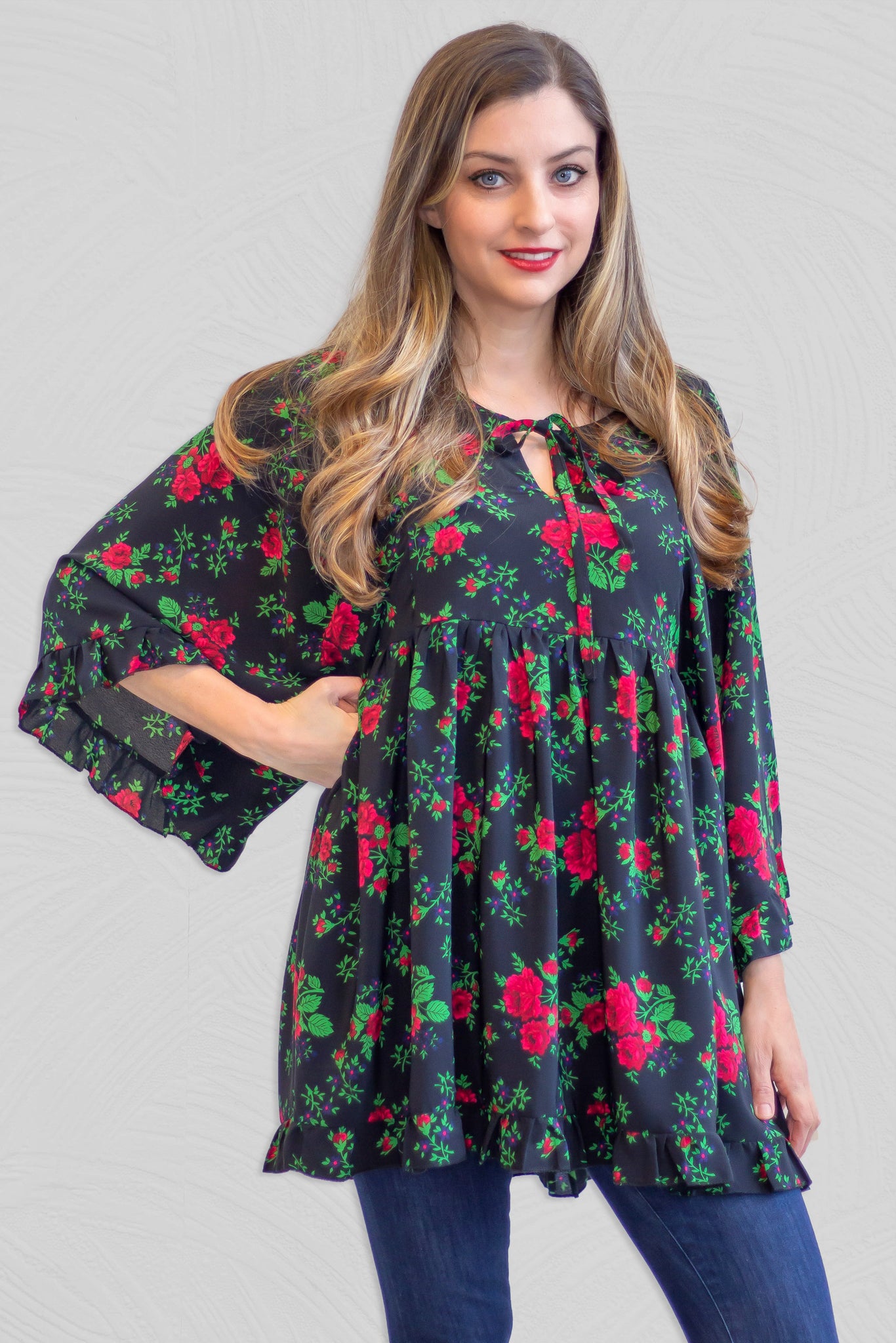 Teresa Floral Black Folk Tunic