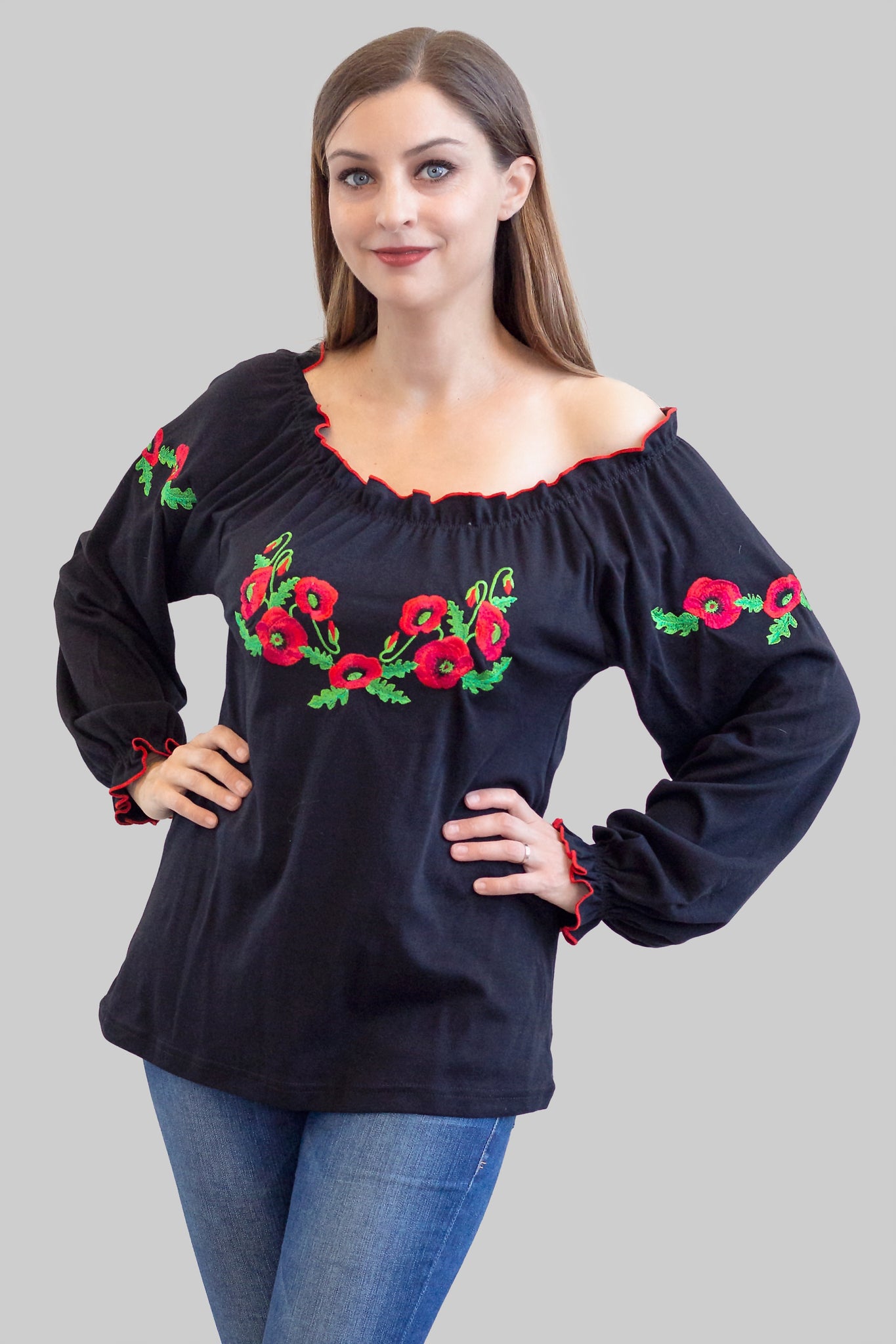 Embroidered Poppy Peasant Top