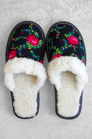 Black Polish Folk Fur Slippers