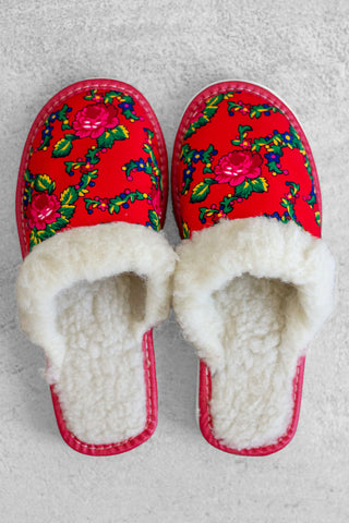 Red Polish Folk Fur Slippers