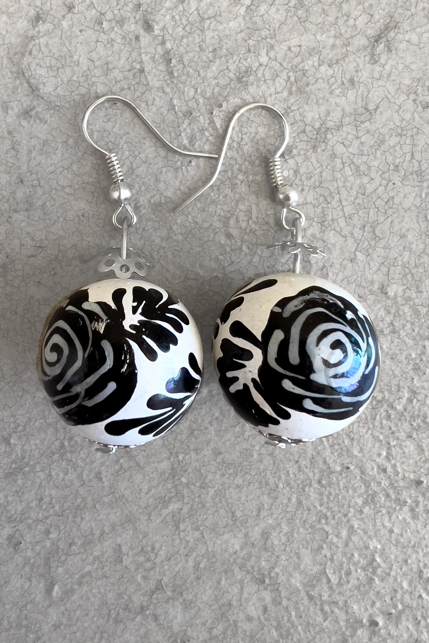 Hand Painted White Round Earrings