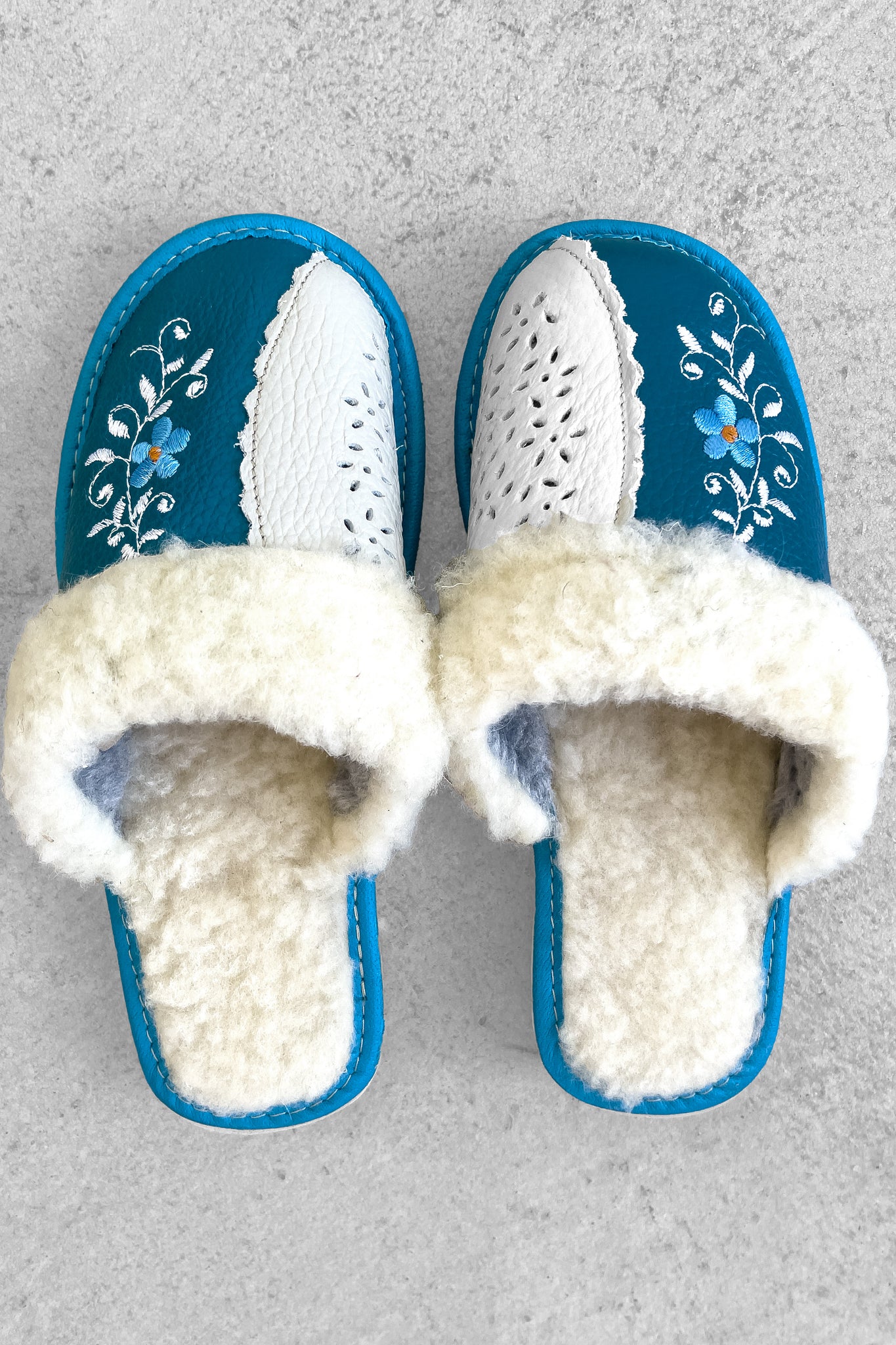 Embroidered Blue Polish Fur Slippers