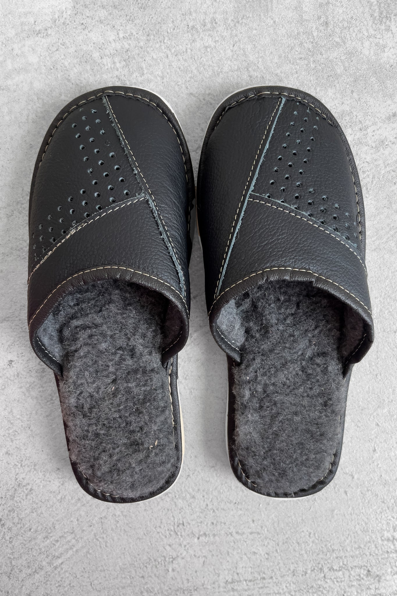 Black Leather Polish Fur Slippers