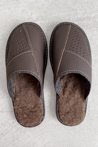 Brown Leather Polish Fur Slippers