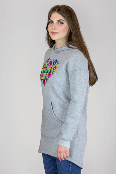 Grey Blooming Heart Embroidered Hoodie
