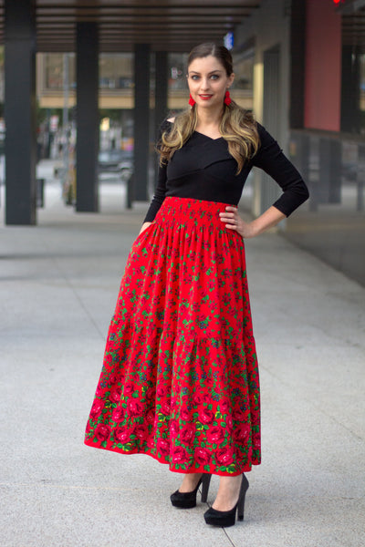 Dominika Smocked Red Maxi Folk Skirt