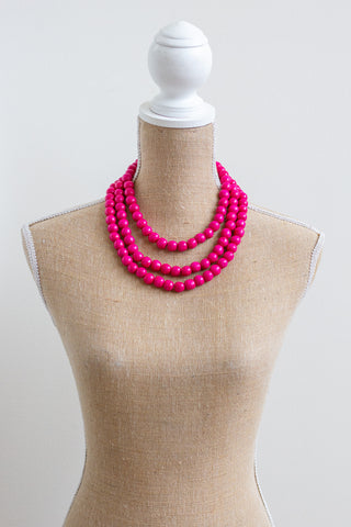 Pink 3 tiered wooden folk necklace