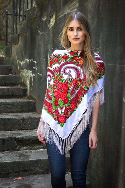 White Square Slavic Folk Scarf